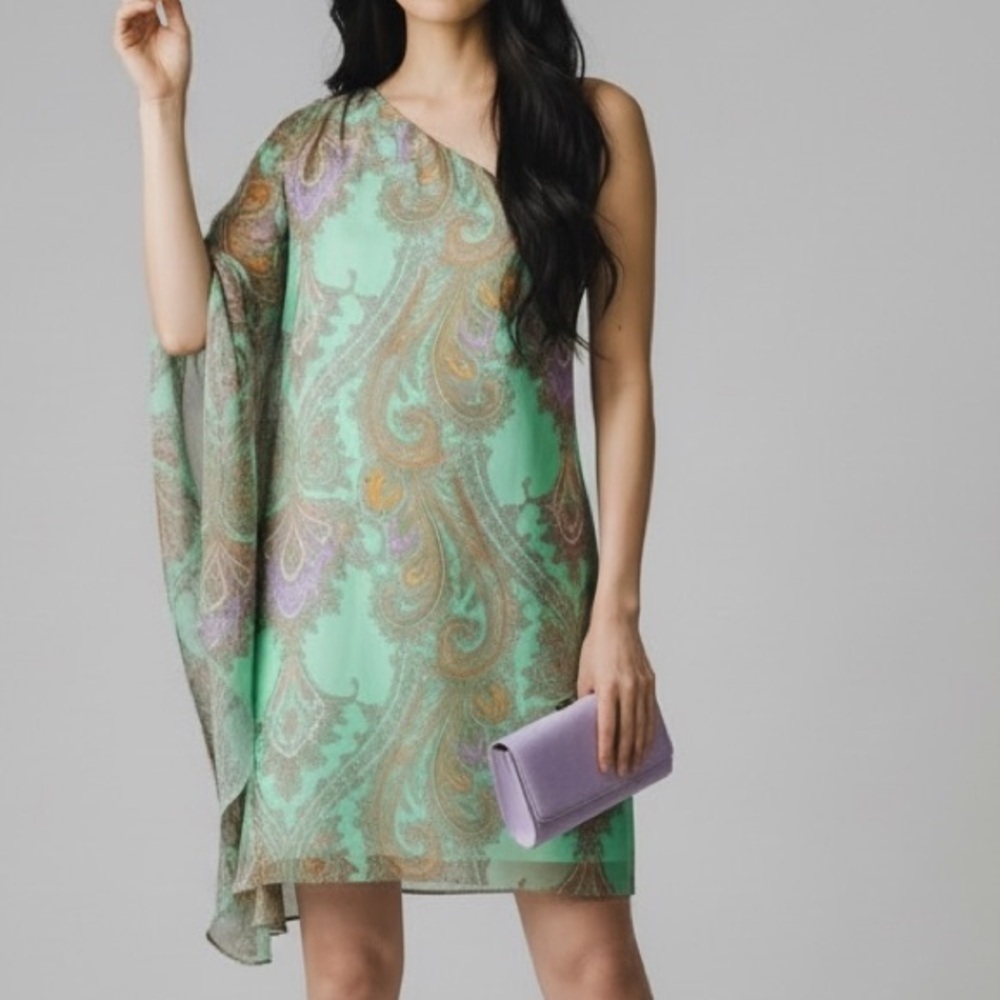 Vintage Y2K Green Paisley Asymmetrical shoulder Mini dress Fairy core Romantic